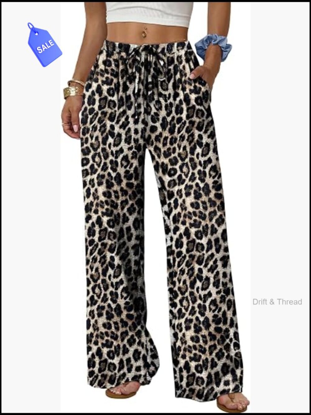 Wide Leg Palazzo Pants with Pockets, Flowy Drawstring Elastic Waist Trousers